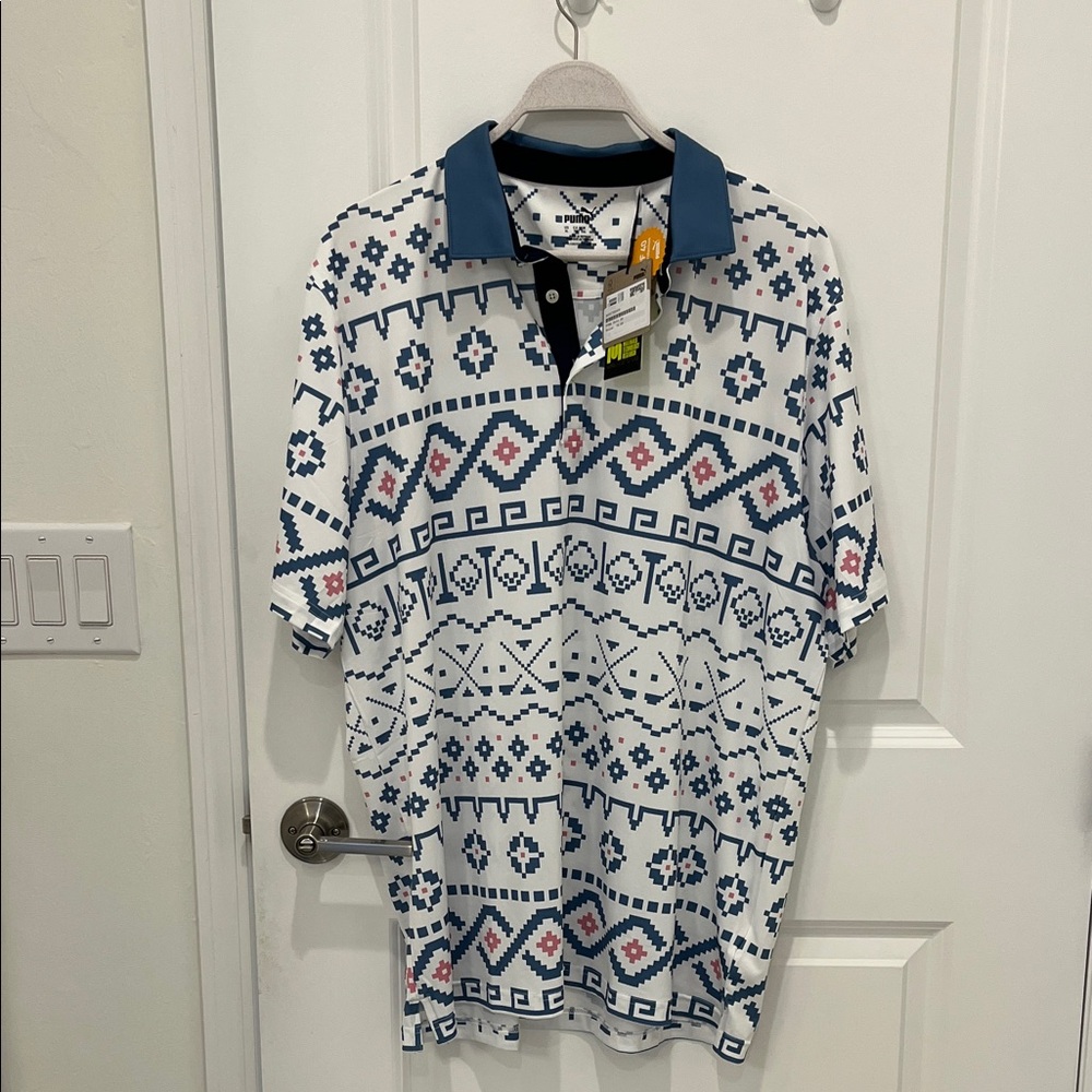NWT PUMA Men's Geometric Blue and White Polo